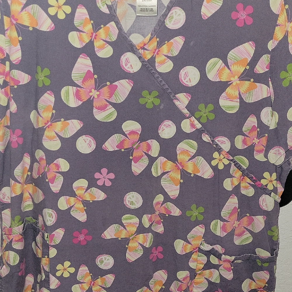 SB Scrubs Women's Butterfly Print Top - Purple, Pink, Green